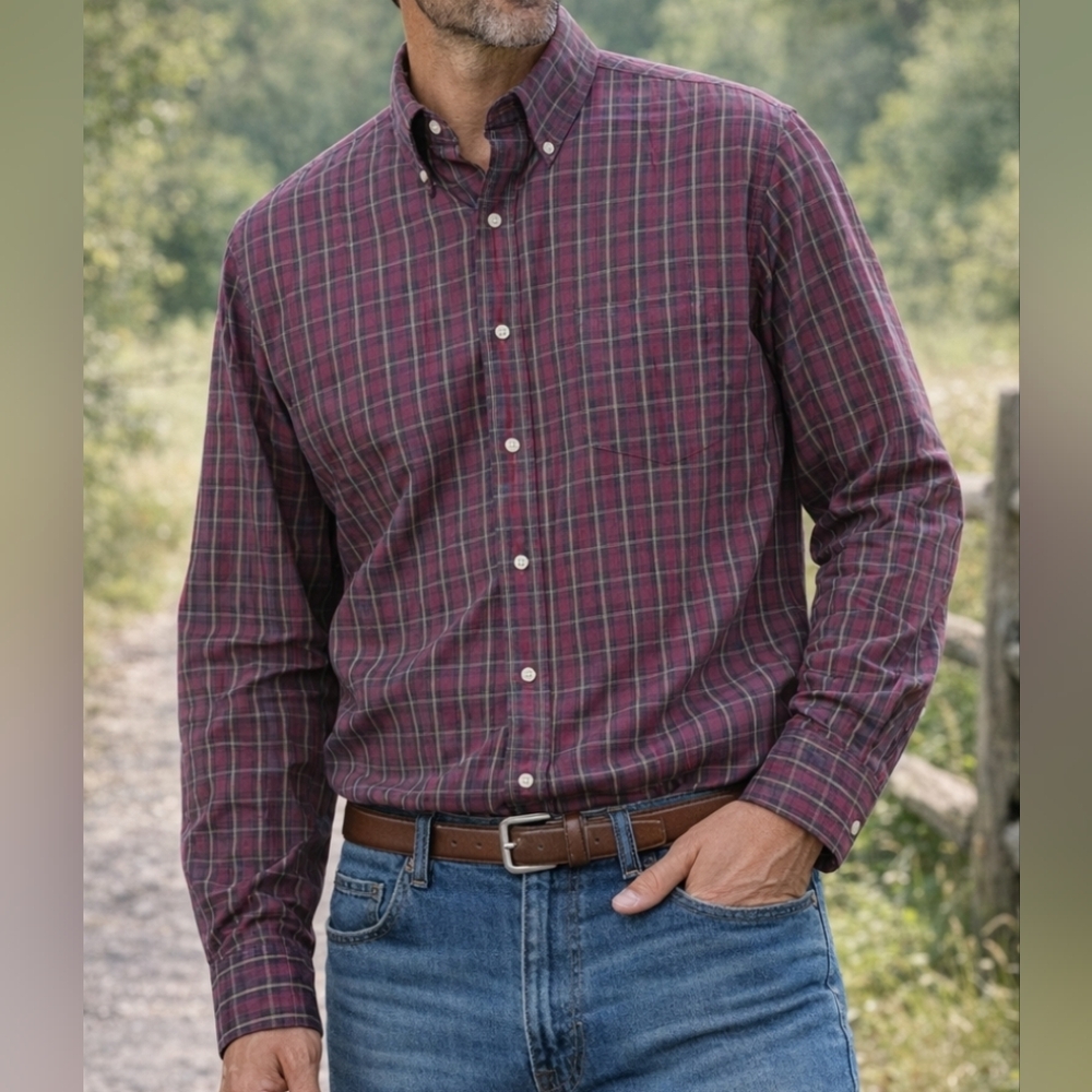 Lands’ End Plaid Button Down Shirt Mens Large 16-16.5 Red Tartan Cotton Preppy C